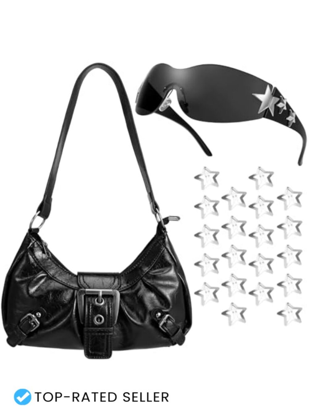 Y2K Star Faux Leather Hobo Shoulder Bag with Sunglasses and 20 Hair Clips